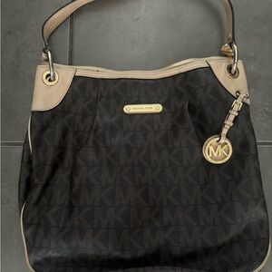 Michael Kors Dark Brown Monogram Shoulder Bag with Beige Trim